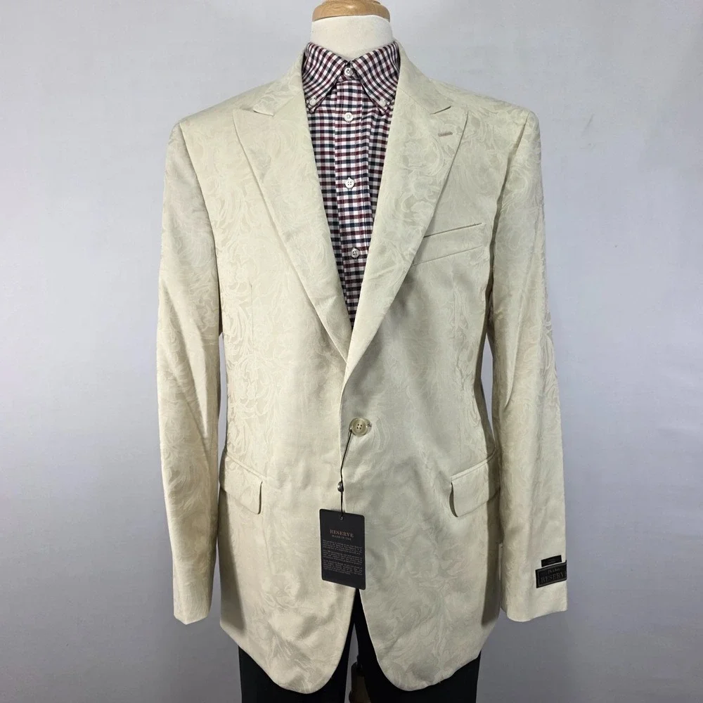 JOS A BANK Men's Sport Coat Blazer‎ Single Button Beige Floral 100% Wool 46L NEW